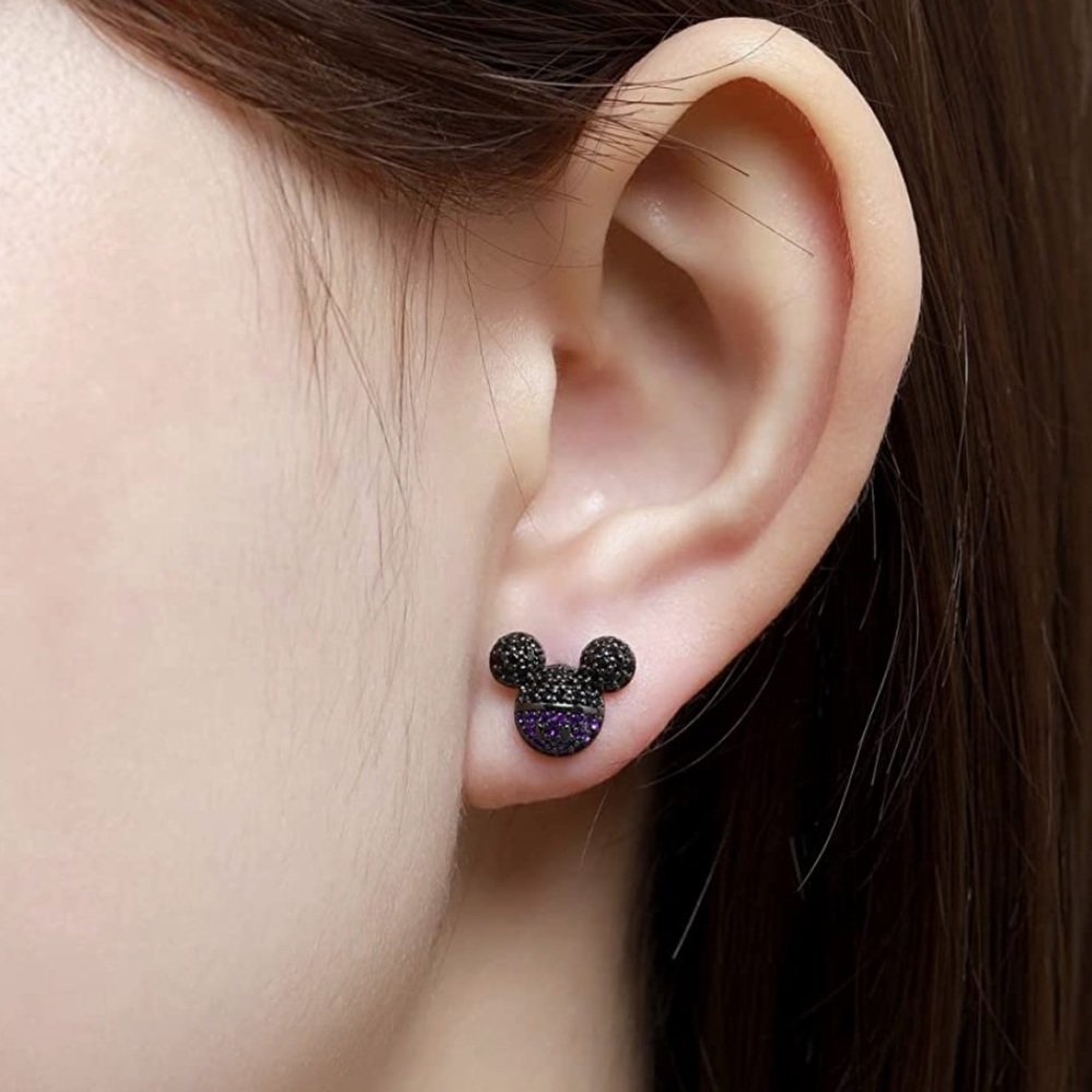 NWT Disney Mickey Mouse Stud Earrings CZ with 925 Sterling Silver Black & Purple